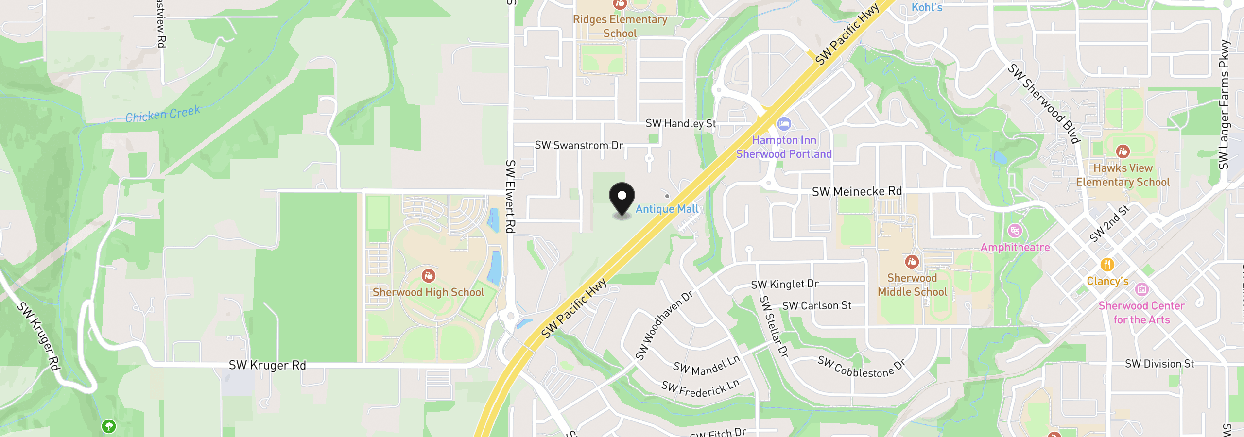 Map showing the location of 22313 SW Pacific Hwy, Sherwood, OR 97140