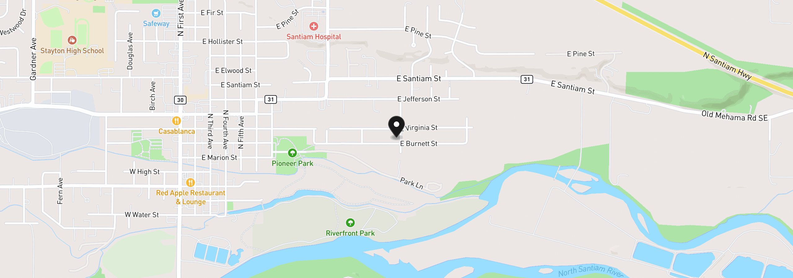 Map showing the location of 1481 E Burnett St, Stayton, OR 97383