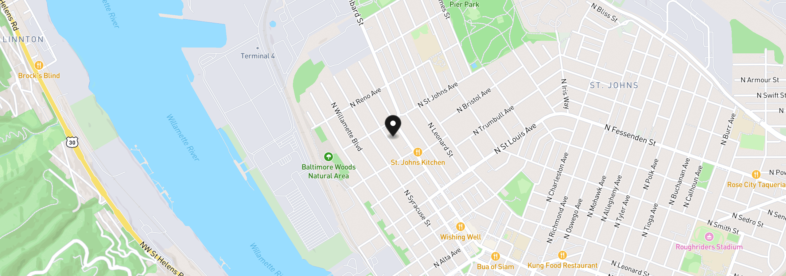 Map showing the location of 9565 N Ivanhoe St, Portland, OR 97203