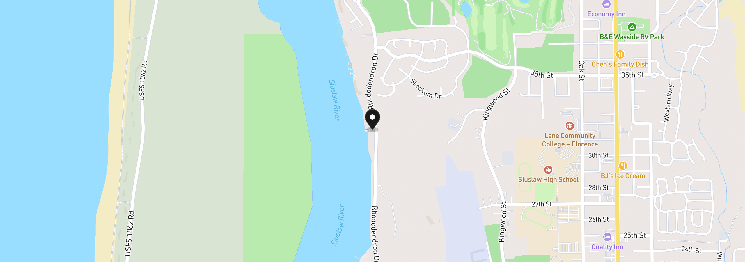 Map showing the location of Rhododendron Dr 1 + 2, Florence, OR 97439