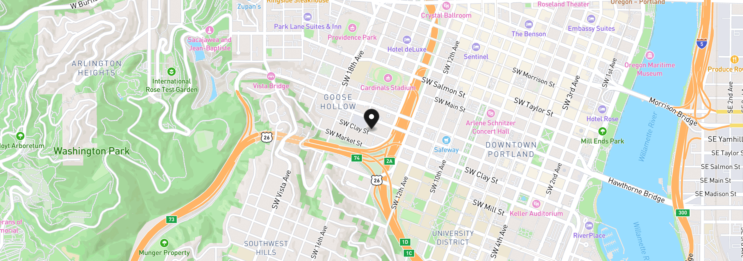 Map showing the location of 1535 SW Clay St 239, Portland, OR 97201