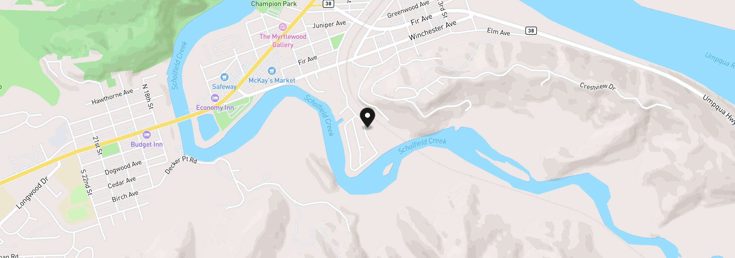 Map showing the location of 100 River Bend Rd 1, Reedsport, OR 97467