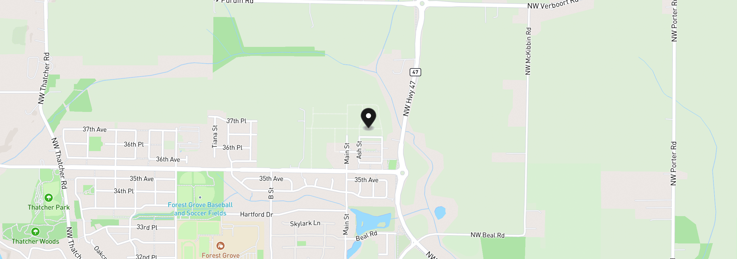 Map showing the location of 2101 37th Ave, Forest Grove, OR 97116