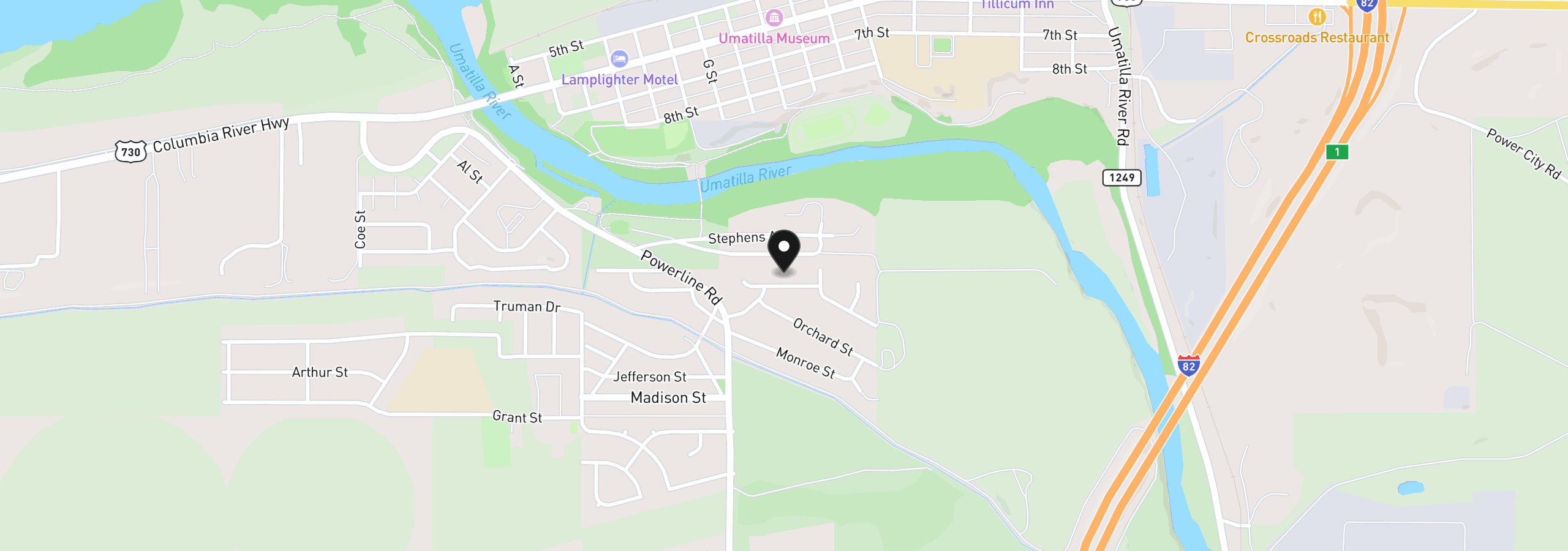Map showing the location of 351 Lincoln Ave, Umatilla, OR 97882