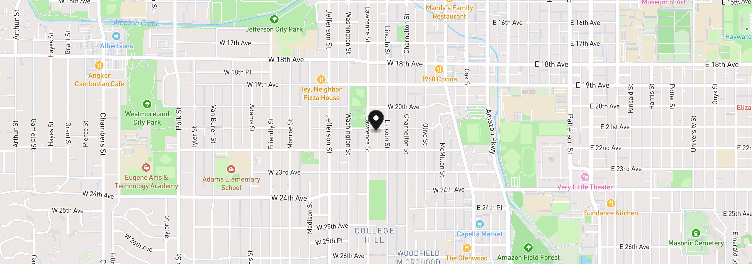 Map showing the location of 356 W 21st Ave, Eugene, OR 97405