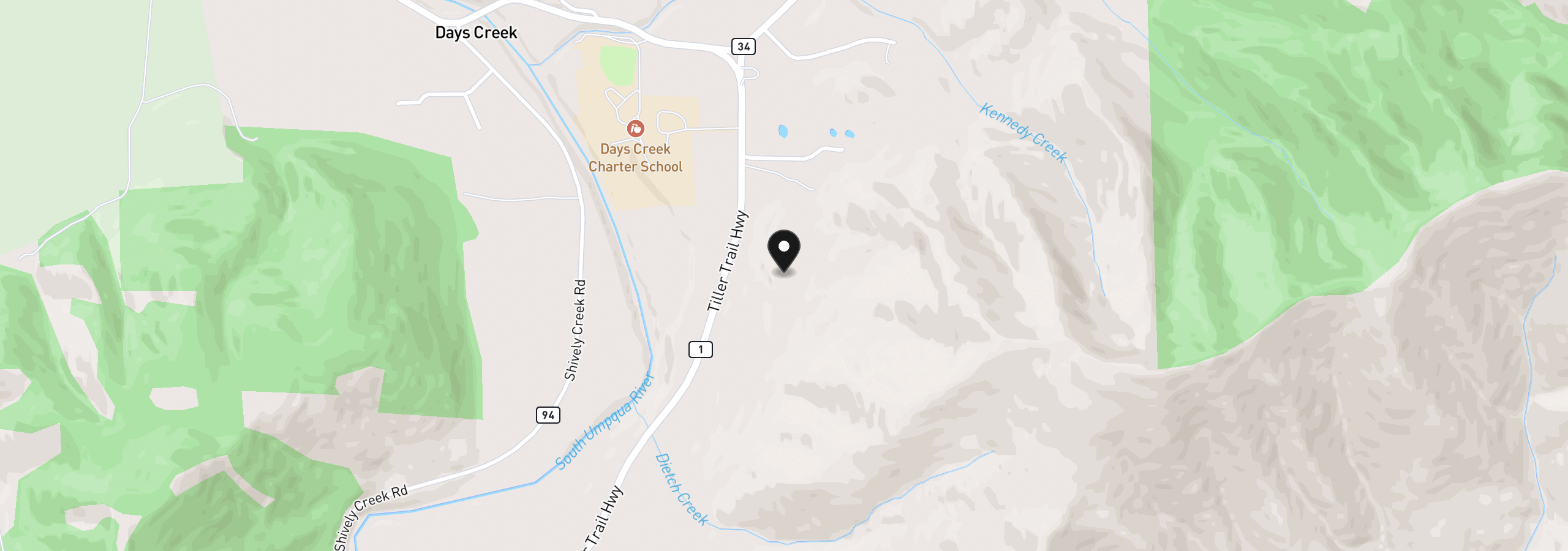 Map showing the location of 11510 Tiller Trail Hwy, Days Creek, OR 97429