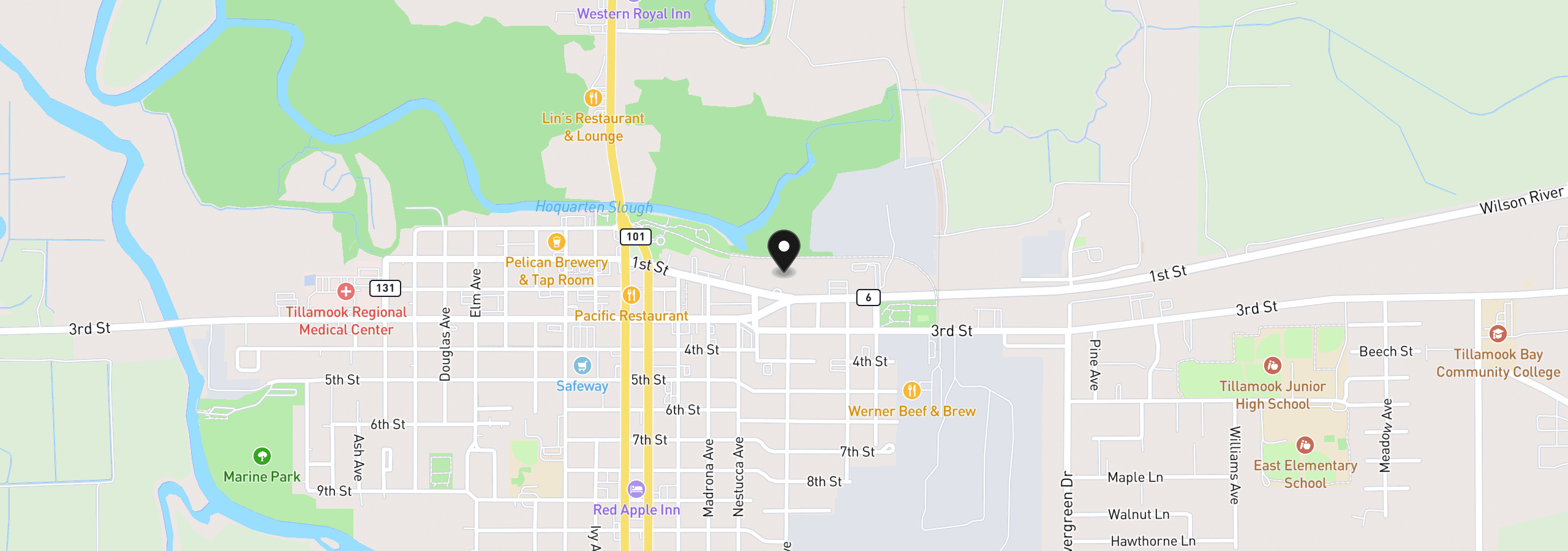 Map showing the location of 2418 1st St, Tillamook, OR 97141