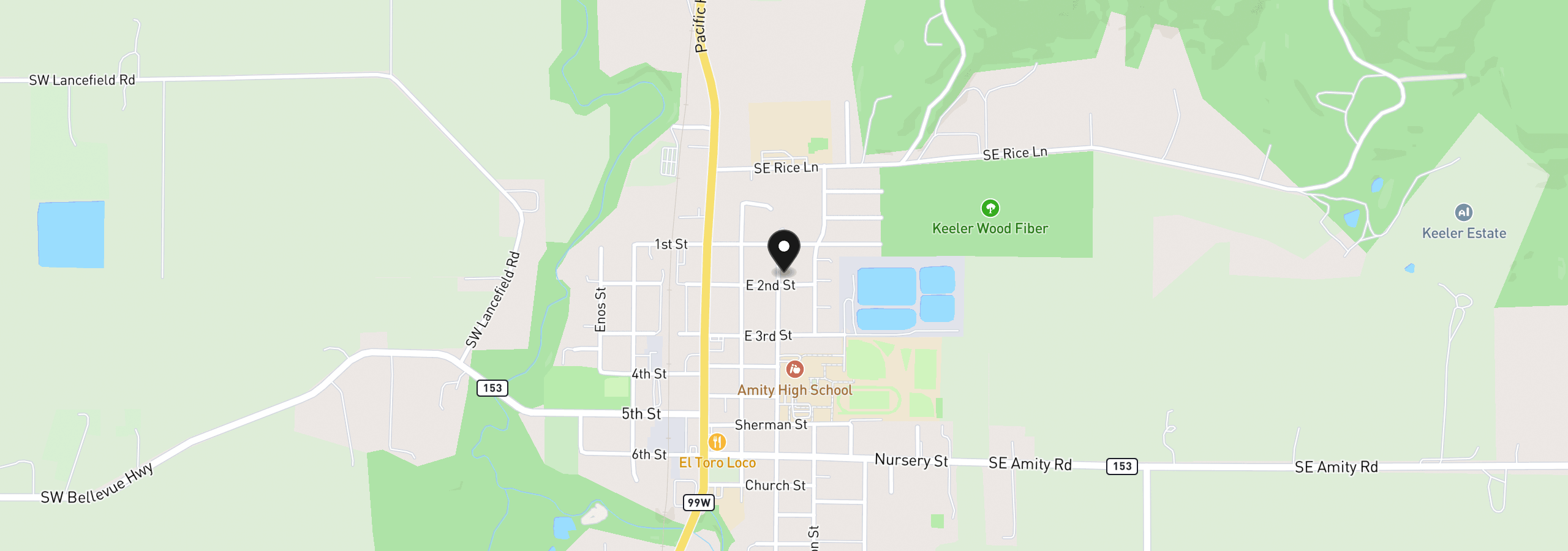 Map showing the location of 109 Oak St, Amity, OR 97101