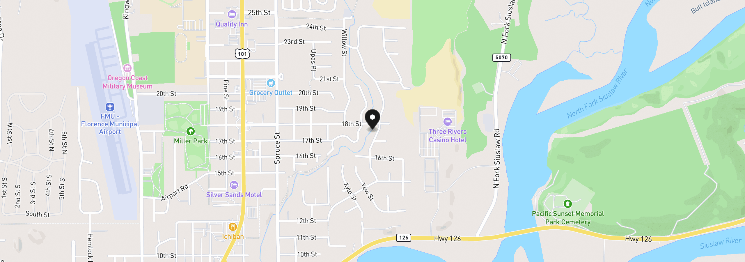 Map showing the location of 1751 Willow Loop, Florence, OR 97439