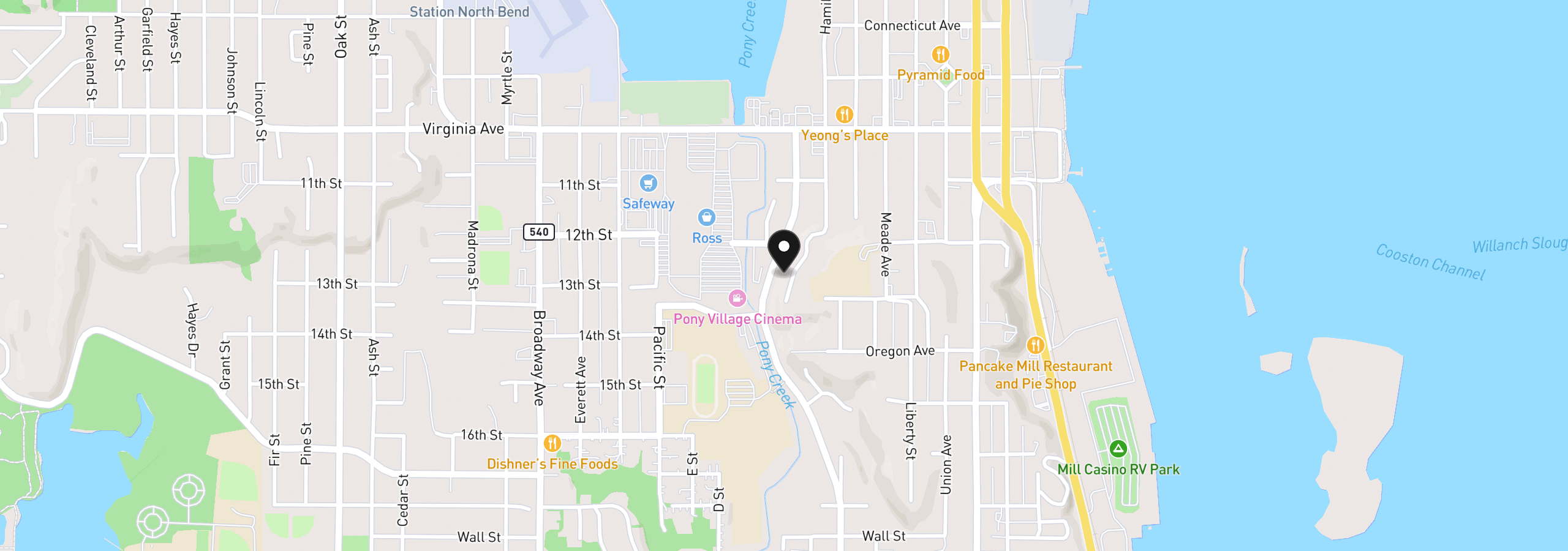 Map showing the location of 2253 Pony Creek Rd, North Bend, OR 97459