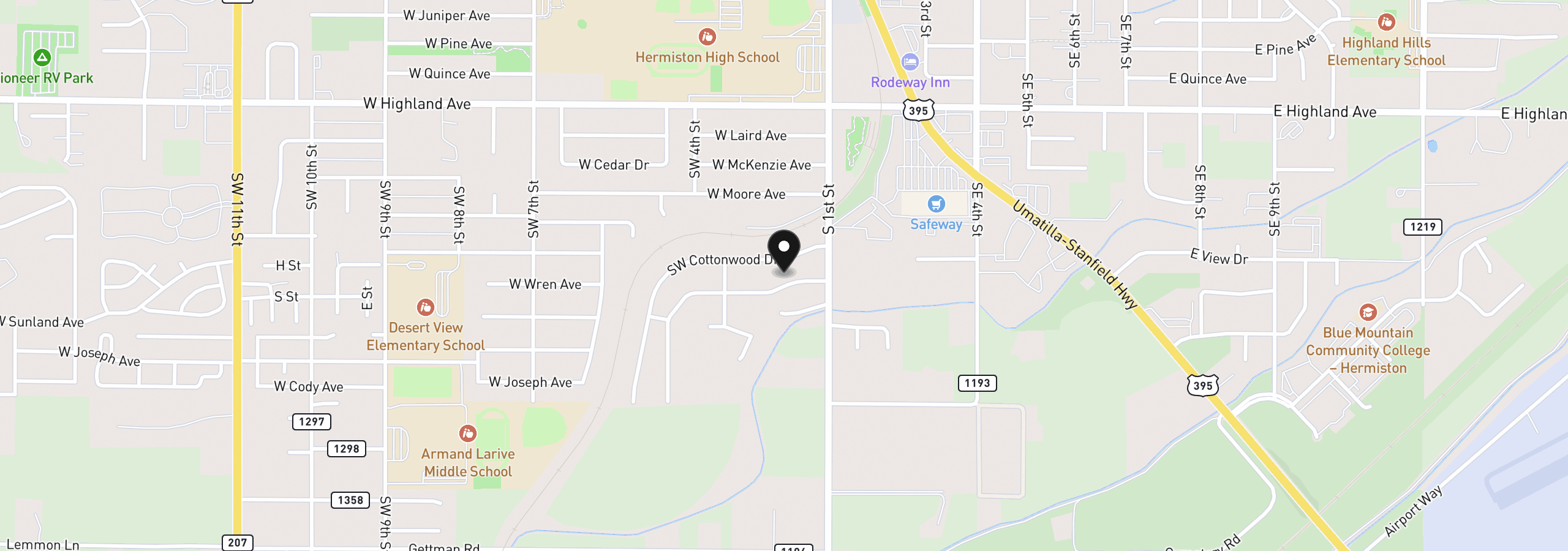 Map showing the location of 114 SW Desert Sky Dr, Hermiston, OR 97838