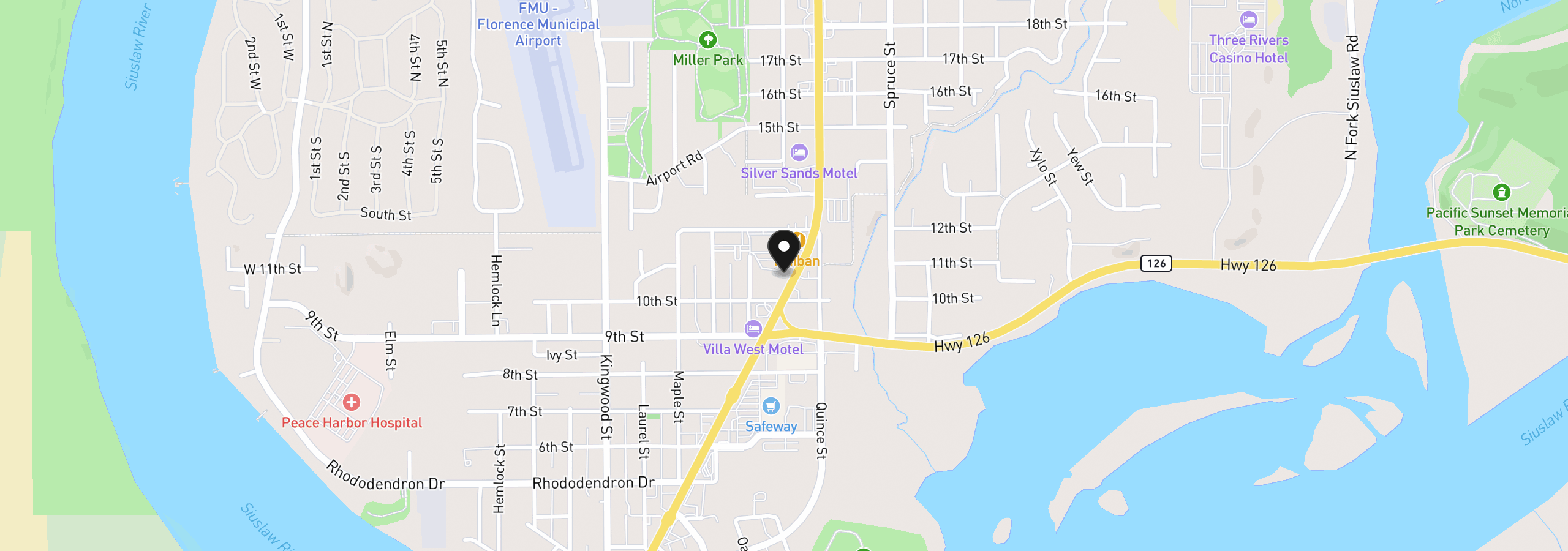 Map showing the location of 1073 Highway 101, Florence, OR 97439
