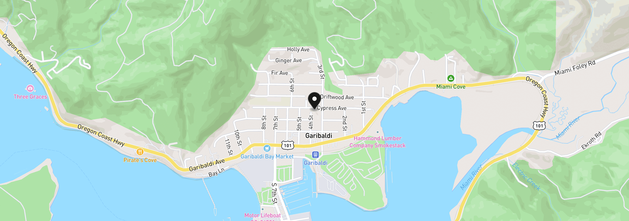 Map showing the location of 305 Cypress Ave, Garibaldi, OR 97118