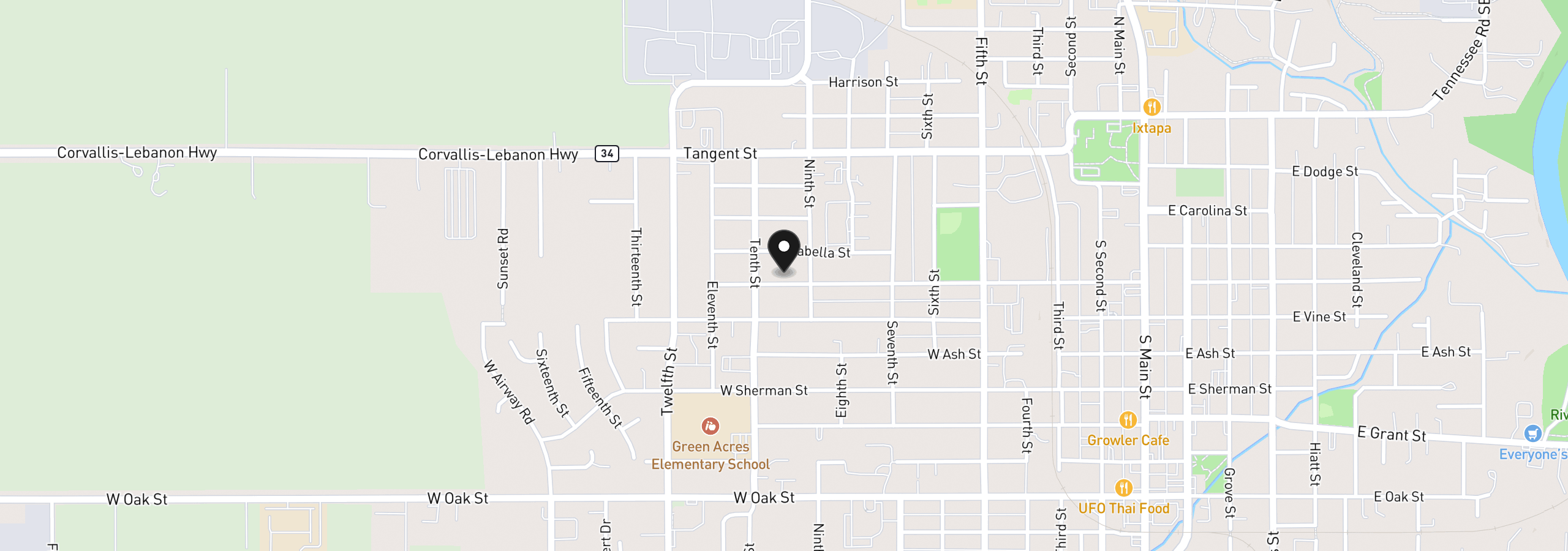 Map showing the location of 845 W Rose St, Lebanon, OR 97355
