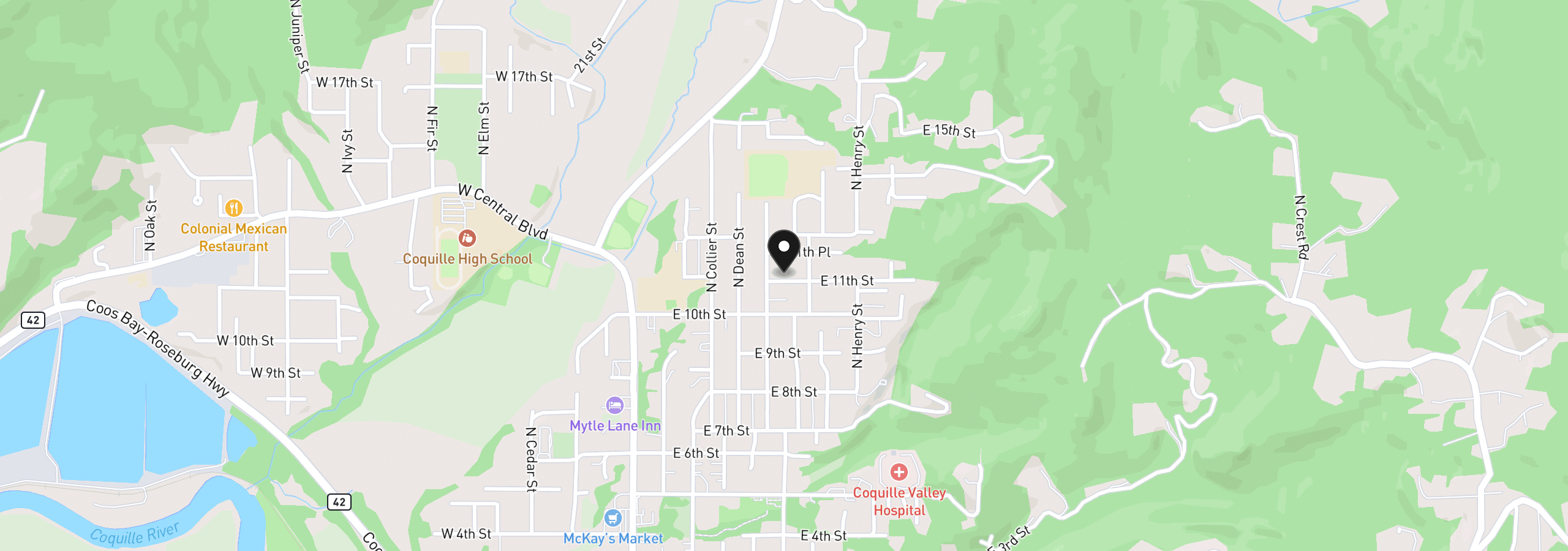 Map showing the location of 540 E 11th St, Coquille, OR 97423