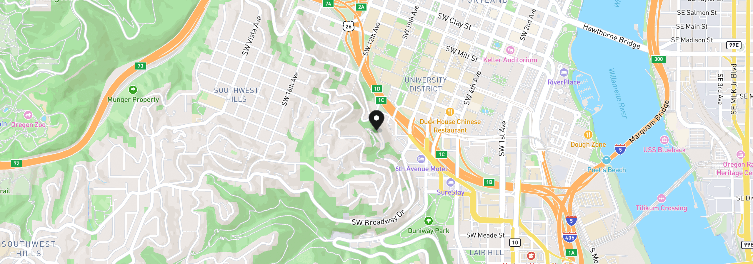Map showing the location of 1260 SW Cardinell Way, Portland, OR 97201