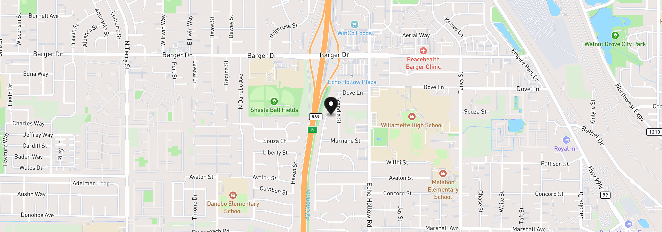Map showing the location of 1575 Juhl St, Eugene, OR 97402