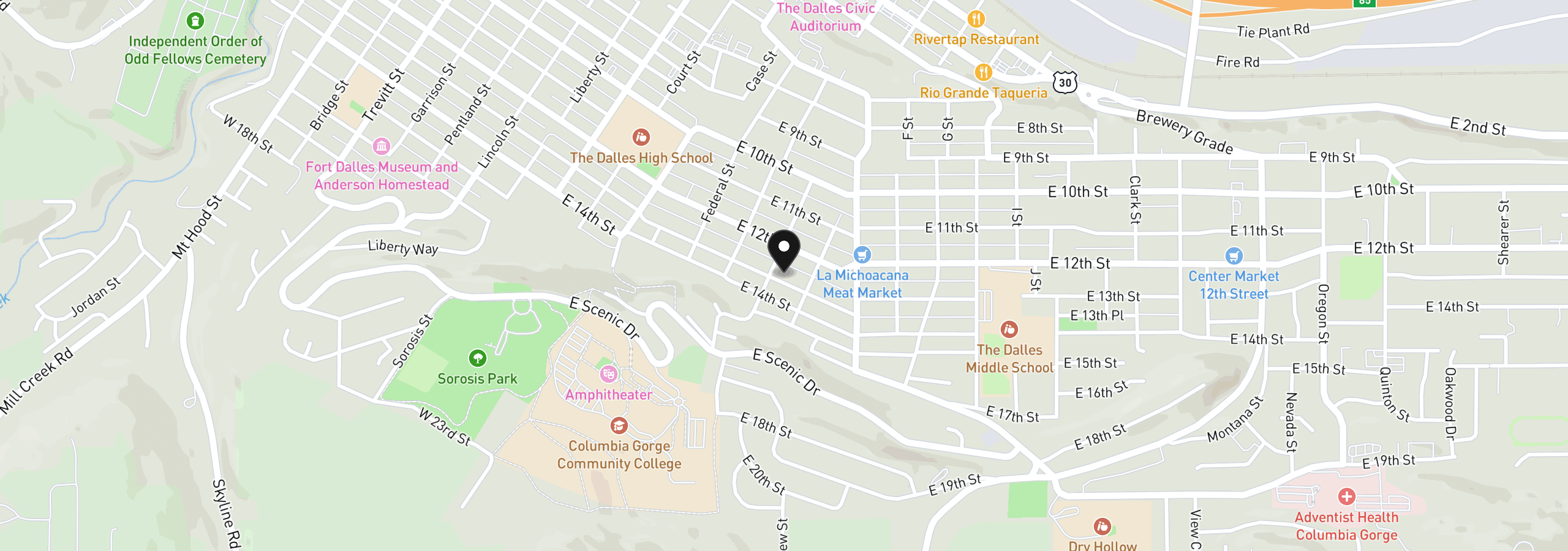 Map showing the location of E 13th St, The Dalles, OR 97058