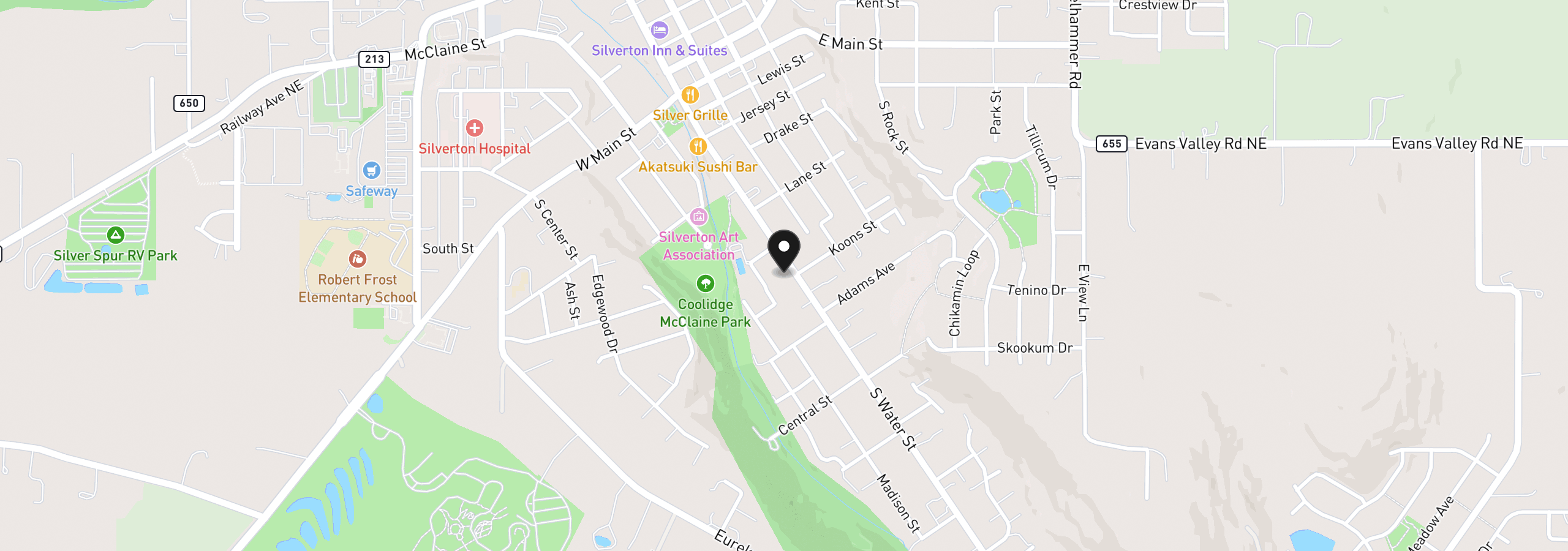 Map showing the location of 620 S Water St, Silverton, OR 97381