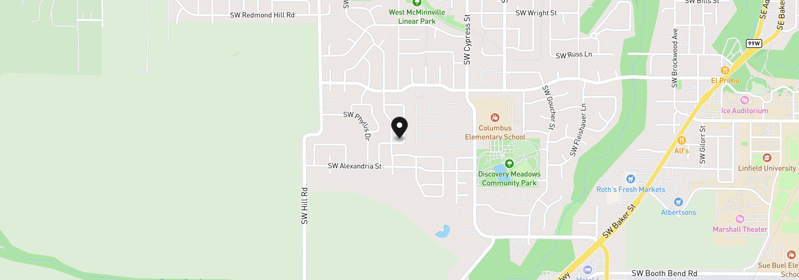 Map showing the location of 1177 SW Emma Dr, McMinnville, OR 97128