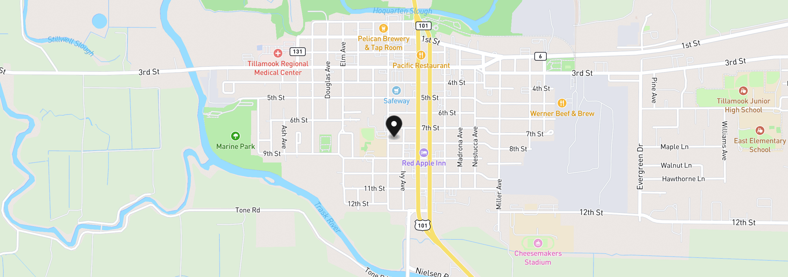 Map showing the location of 1806 8th St, Tillamook, OR 97141