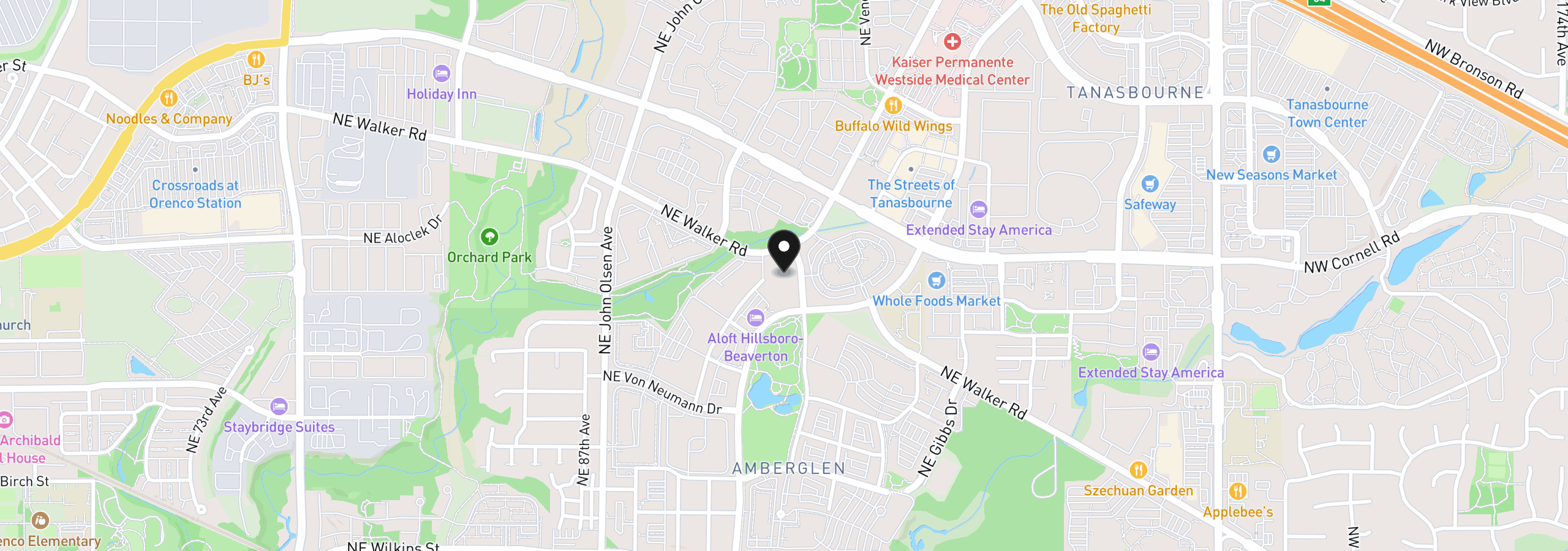 Map showing the location of 1875 amber glen Pkwy, Hillsboro, OR 97006
