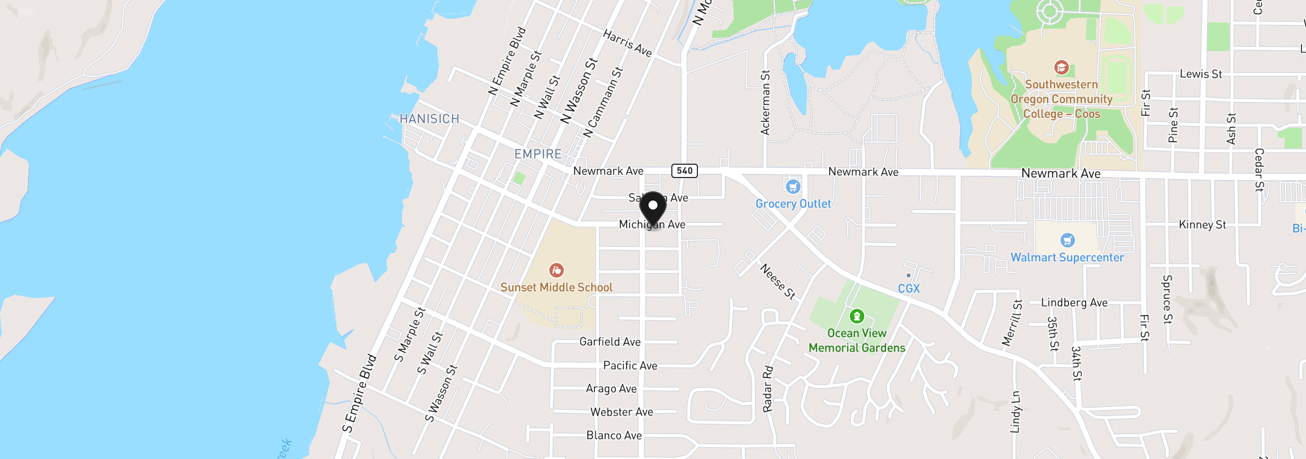 Map showing the location of 1023 Michigan Ave, Coos Bay, OR 97420