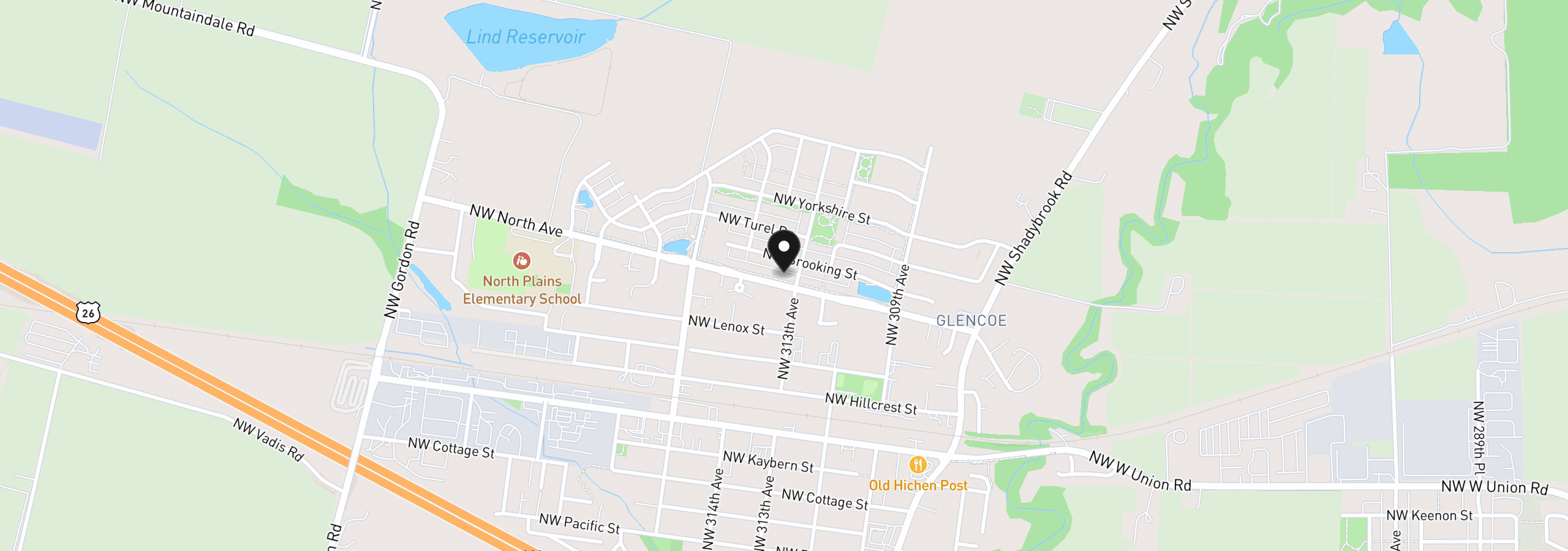 Map showing the location of 31343 NW North Ave, North Plains, OR 97133