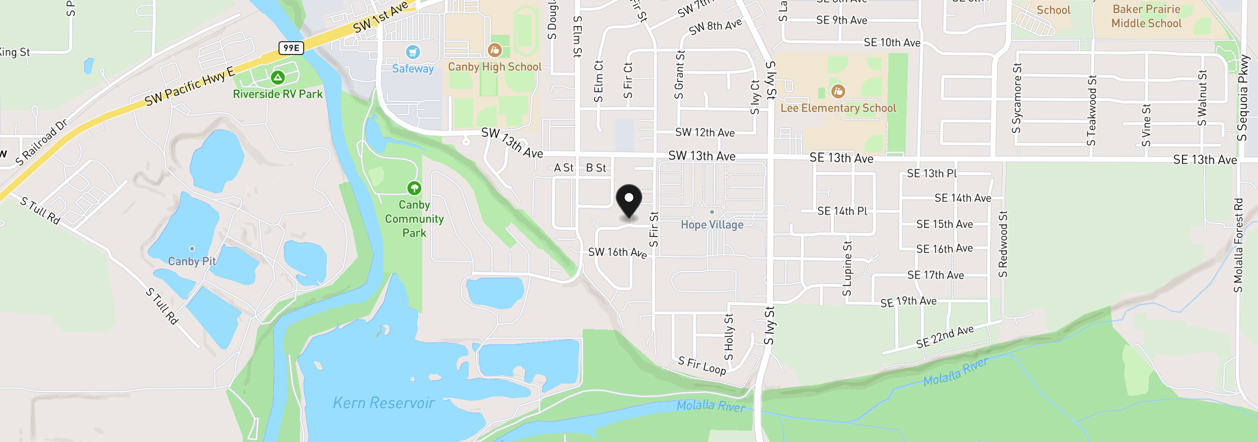 Map showing the location of 454 SW 15th St, Canby, OR 97013