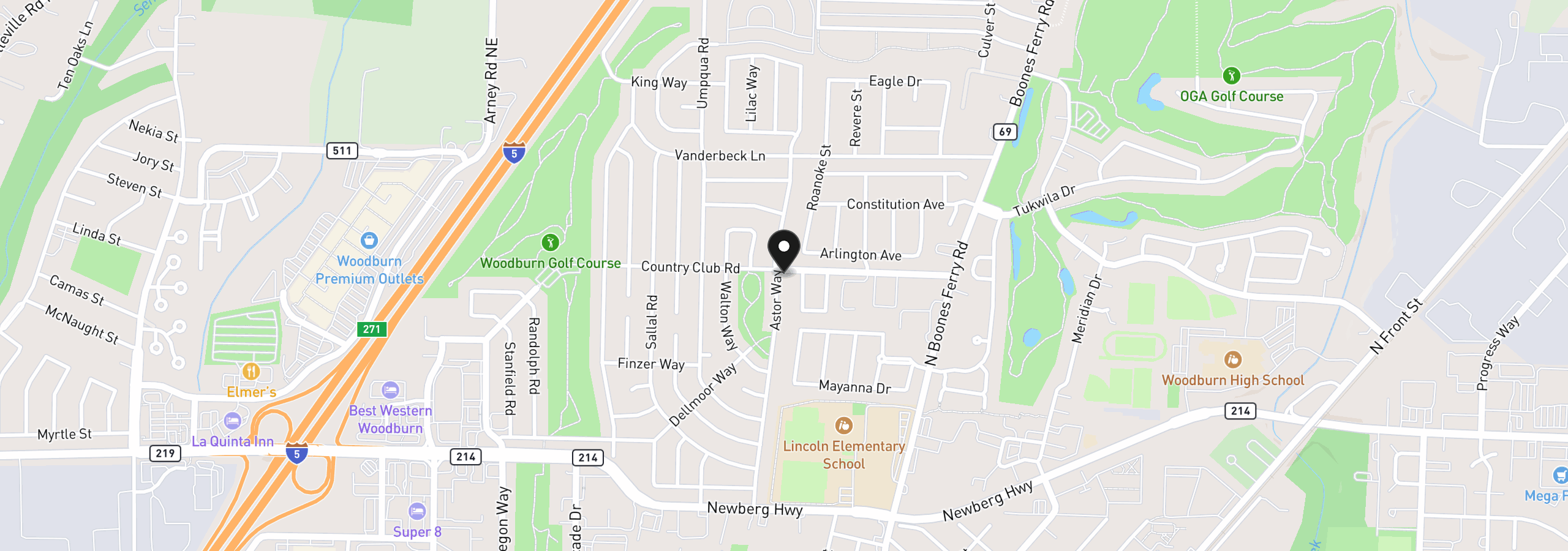 Map showing the location of 1390 Astor Way, Woodburn, OR 97071