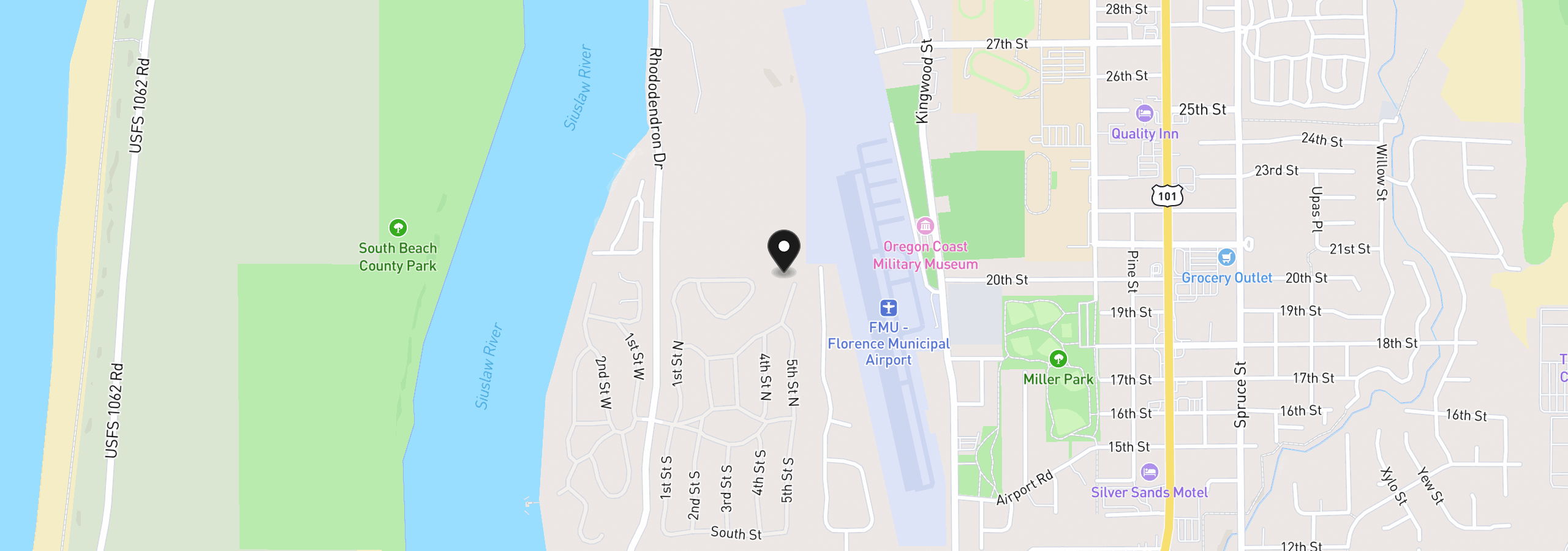 Map showing the location of 1600 Rhododendron Dr 24, Florence, OR 97439