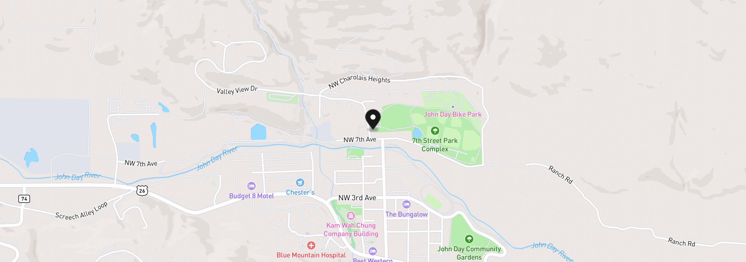 Map showing the location of 843 NW Bridge St, John Day, OR 97845