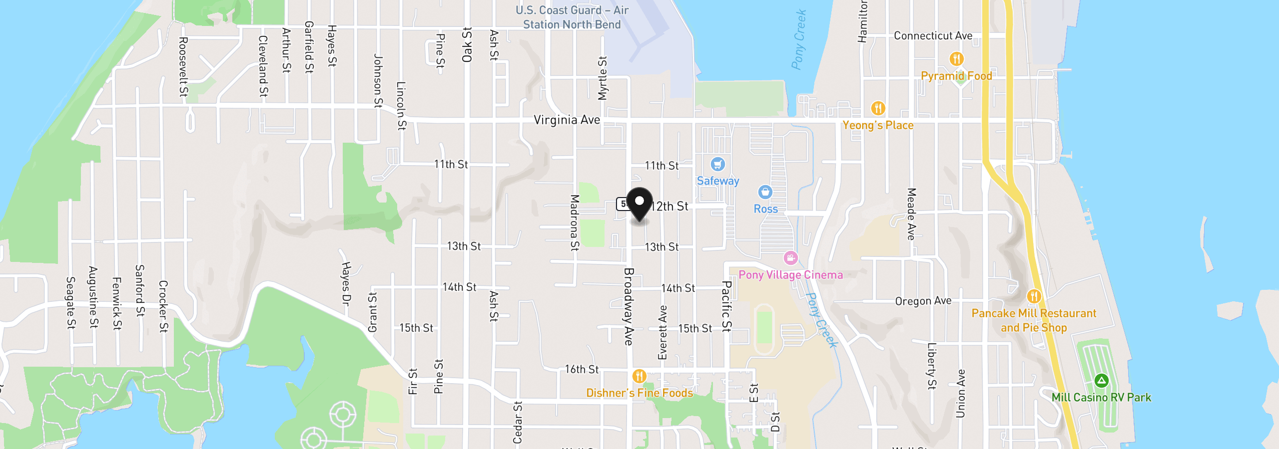 Map showing the location of 2245 Broadway Ave, North Bend, OR 97459