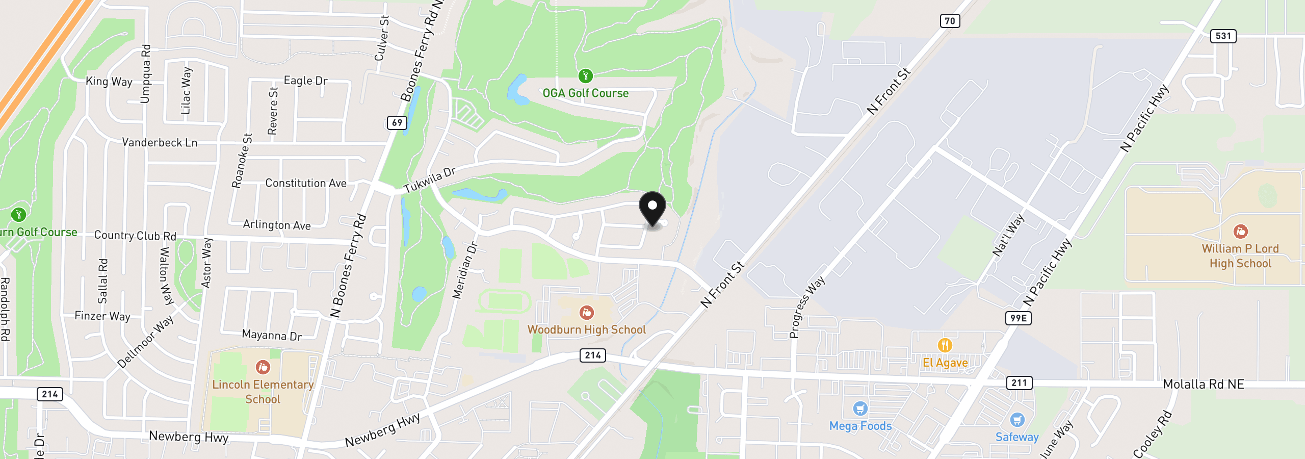 Map showing the location of 2550 Edgewater Dr, Woodburn, OR 97071