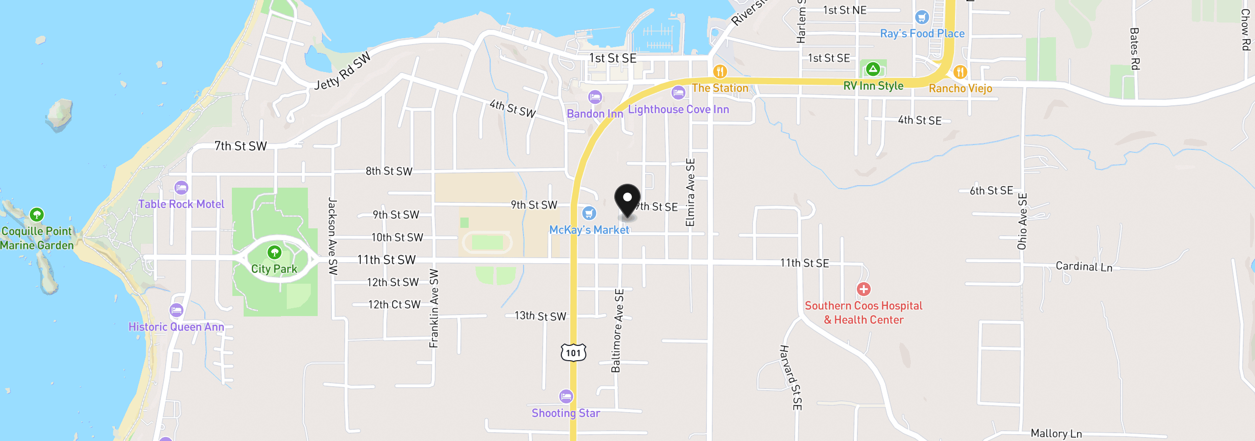 Map showing the location of Baltimore Ave SE 1700, Bandon, OR 97411