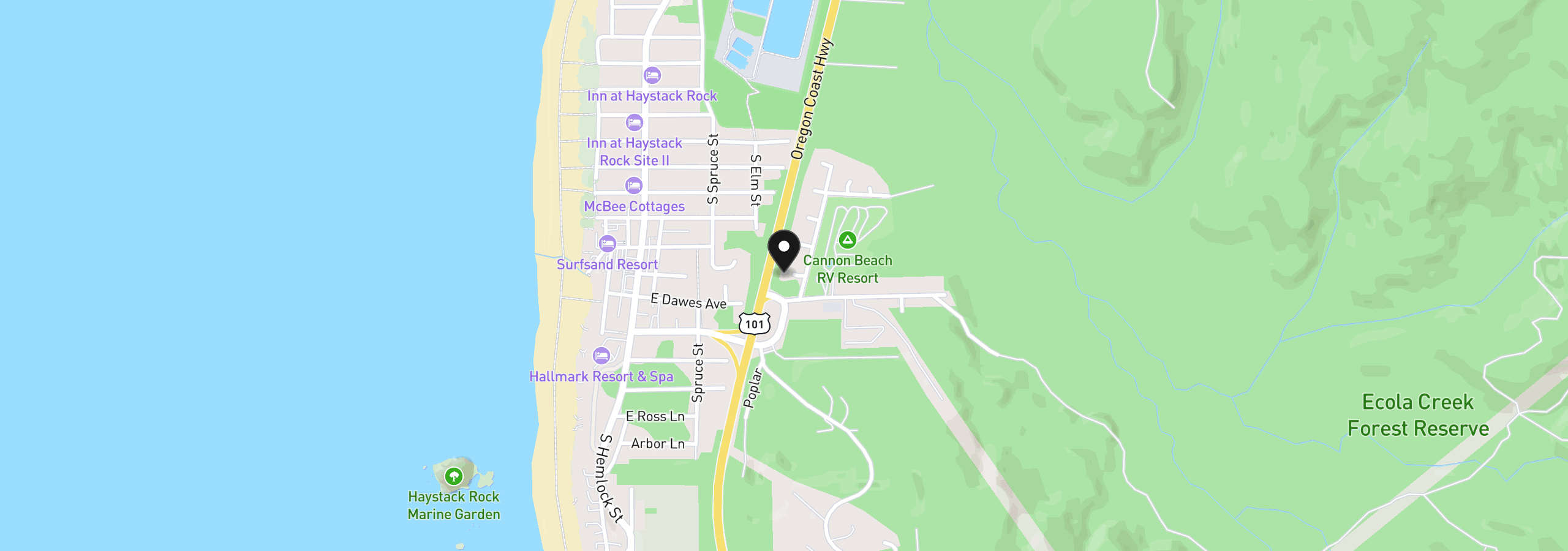 Map showing the location of 401 Glenwood Ct, Cannon Beach, OR 97110