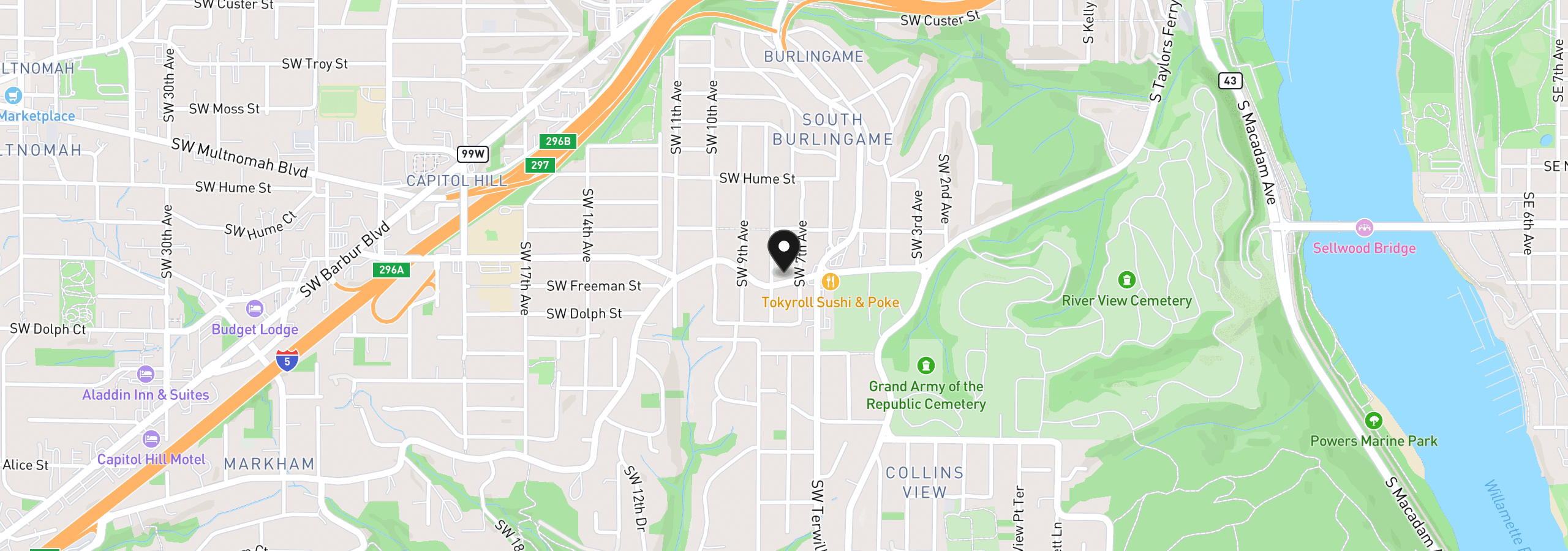 Map showing the location of 725 SW Taylors Ferry Rd, Portland, OR 97219