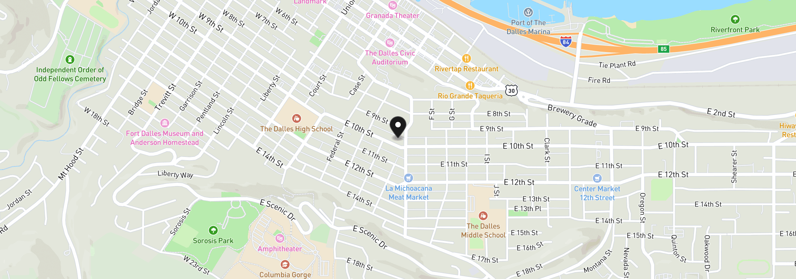 Map showing the location of 615 E 10th St, The Dalles, OR 97058