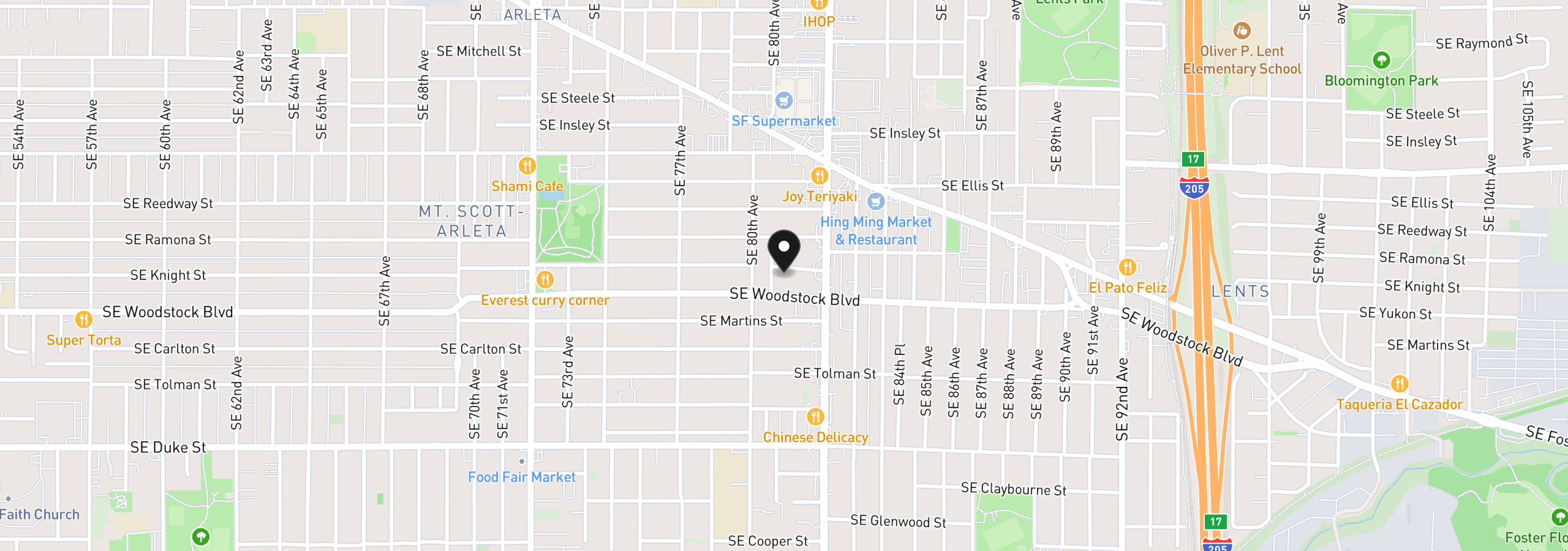 Map showing the location of 8040 SE Knight St, Portland, OR 97206