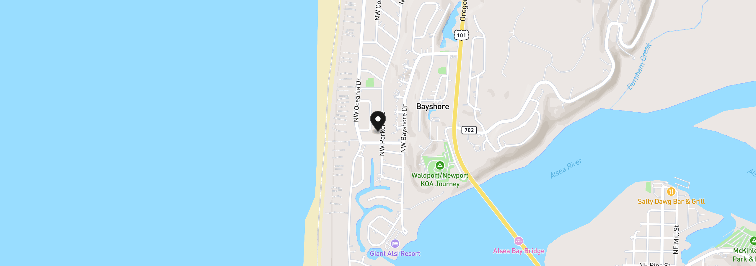 Map showing the location of 1510 NW Parker Ave, Waldport, OR 97394