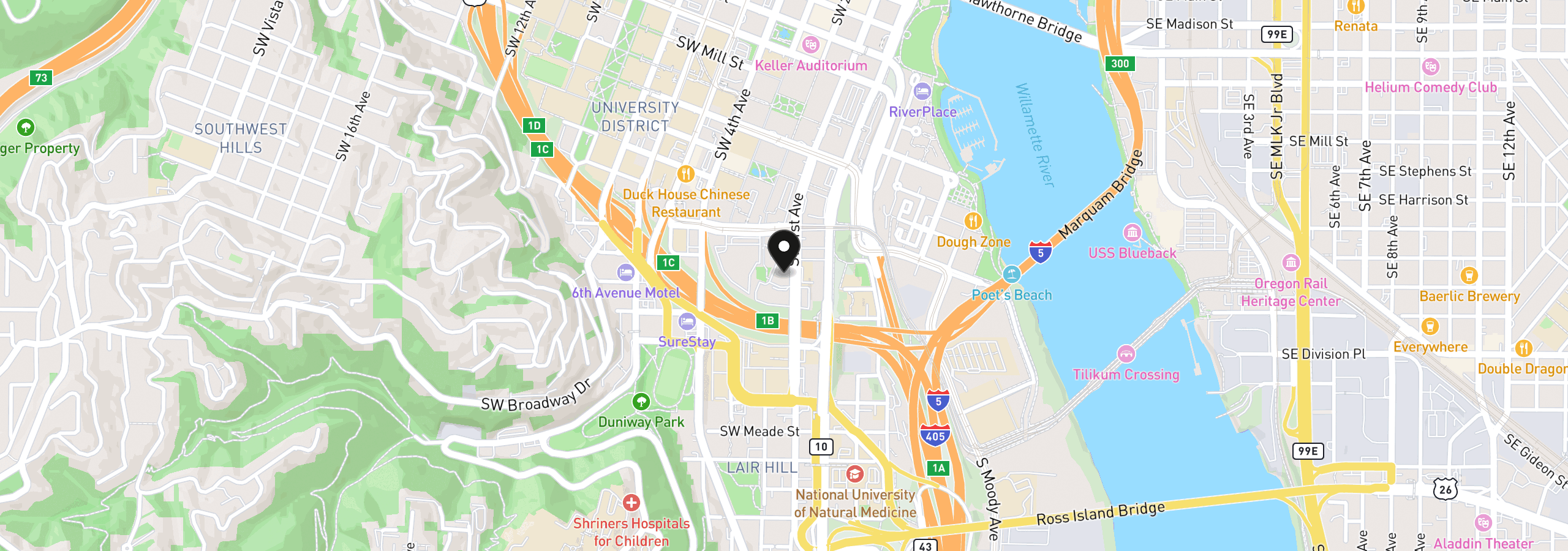 Map showing the location of 2221 SW 1st Ave 724, Portland, OR 97201
