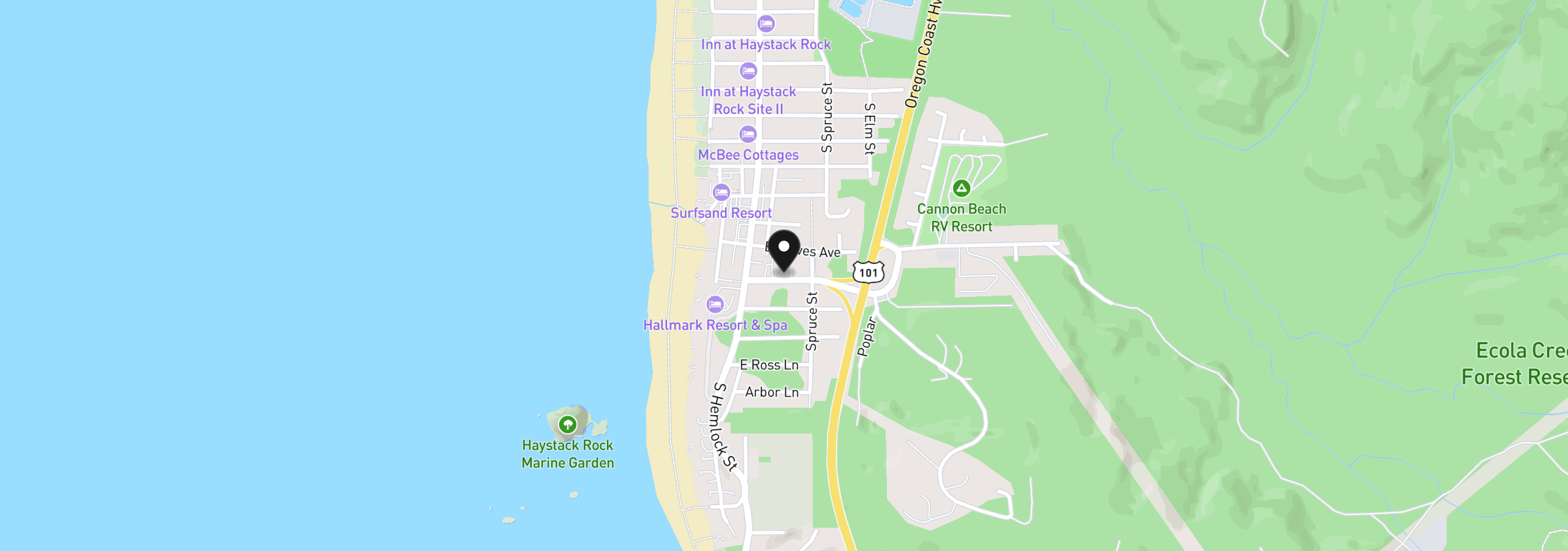 Map showing the location of 164 Sunset Blvd, Cannon Beach, OR 97110