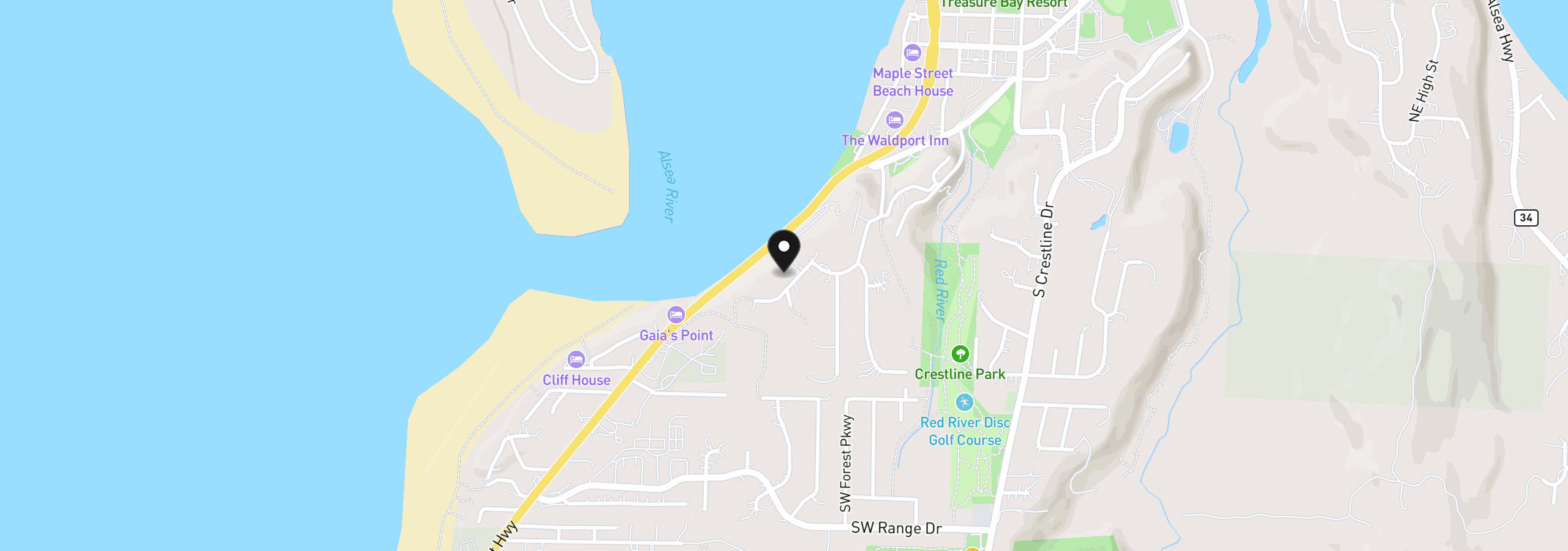 Map showing the location of 1080 SW Norwood Dr, Waldport, OR 97394