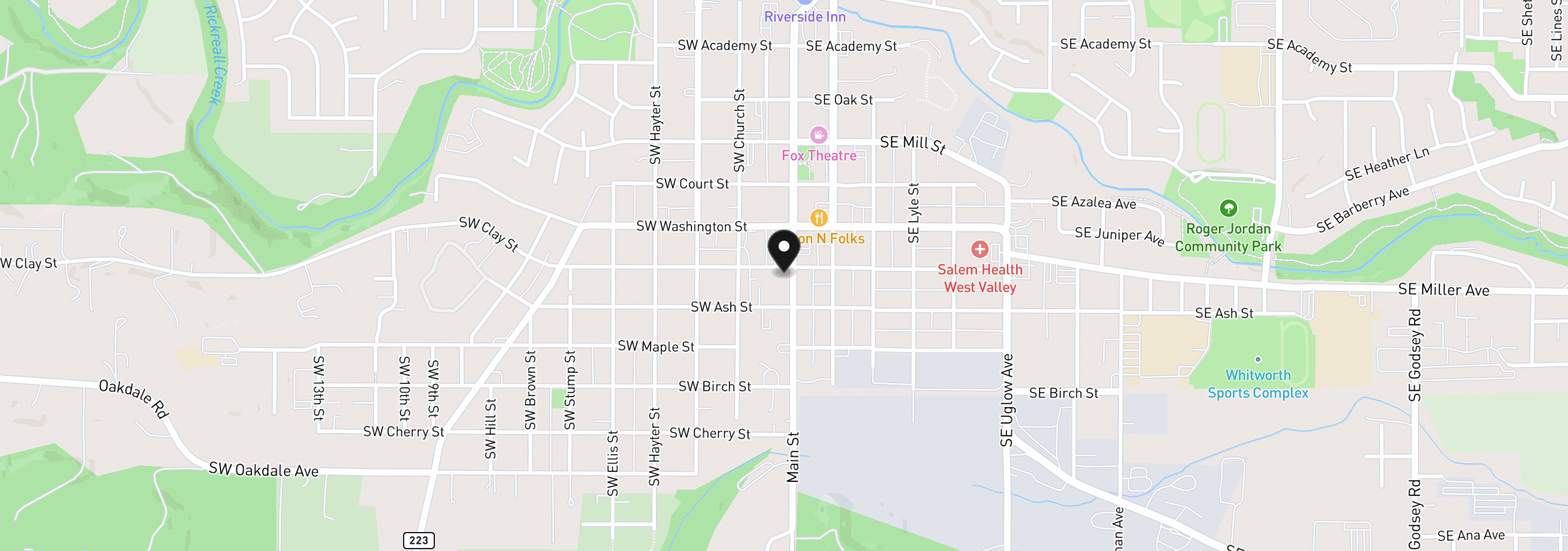 Map showing the location of 1121 Main St, Dallas, OR 97338