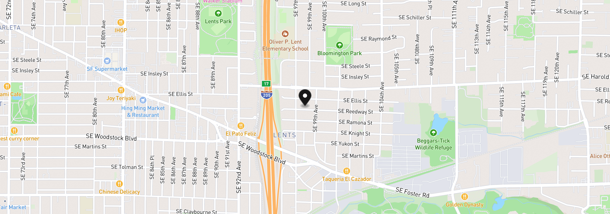 Map showing the location of 9727 SE Reedway St, Portland, OR 97266