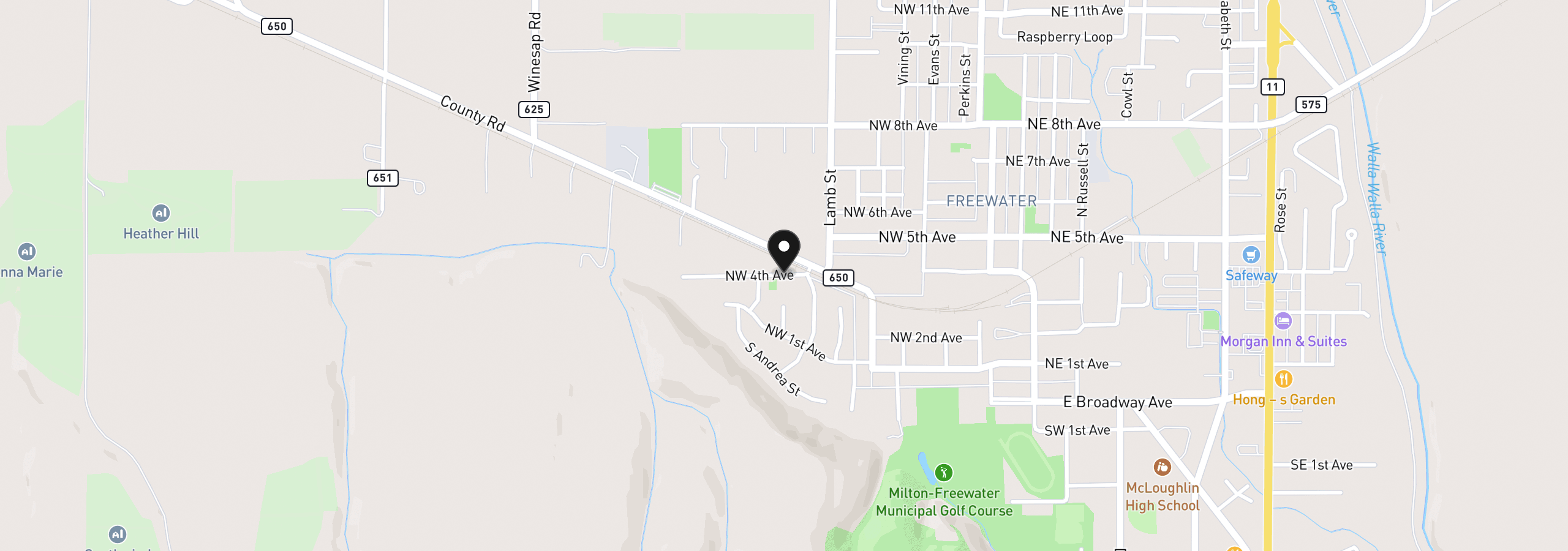 Map showing the location of 000 4th Ave, Milton-Freewater, OR 97862