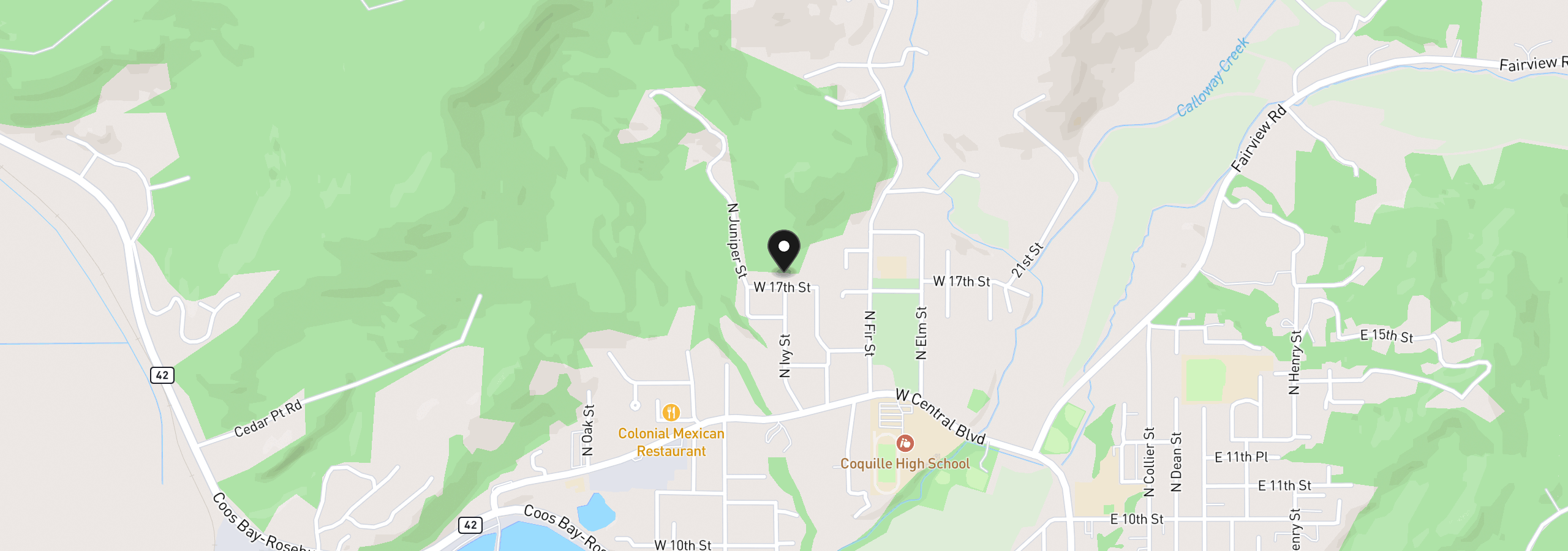 Map showing the location of 900 W 17th St, Coquille, OR 97423