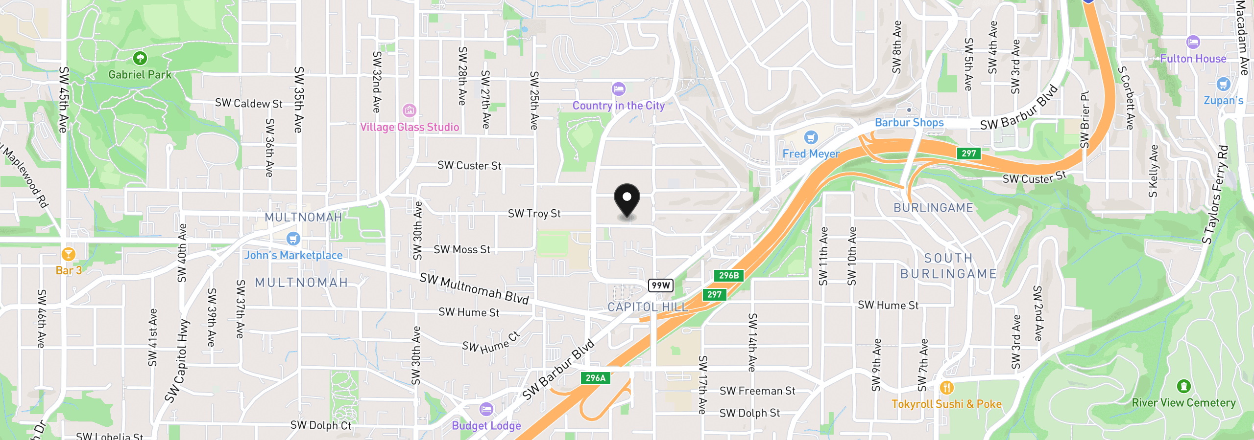 Map showing the location of 1997 SW Moss St, Portland, OR 97219