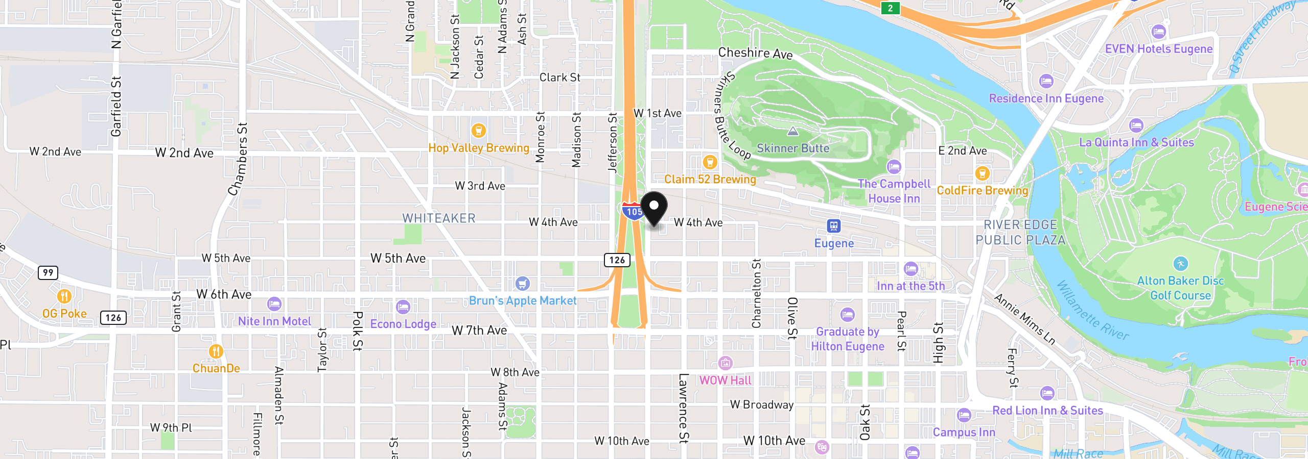 Map showing the location of 490 W 4th Ave, Eugene, OR 97401