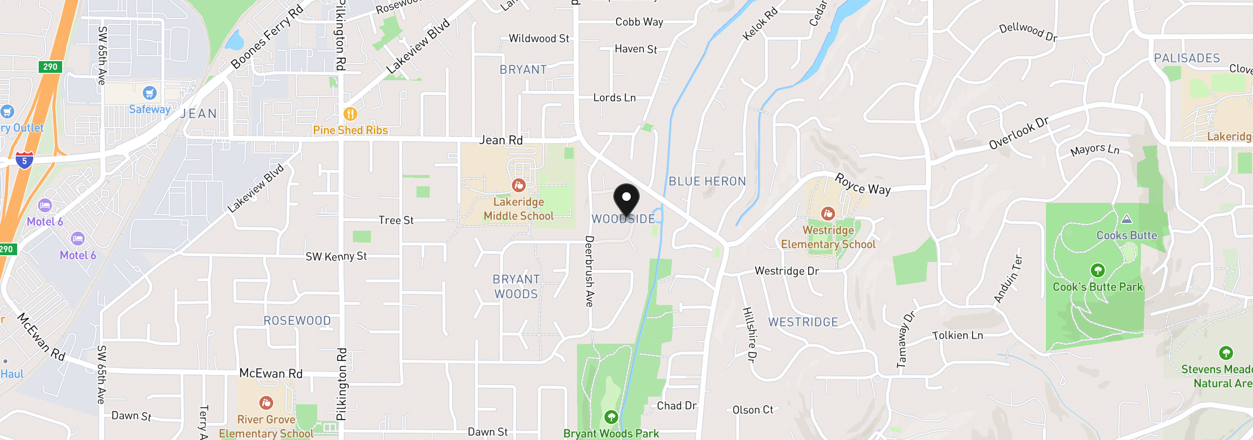 Map showing the location of 4321 Woodside Cir, Lake Oswego, OR 97035